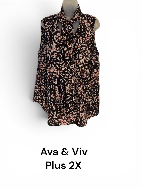 Ava & Viv Tops - AVA & VIV Black and Pink Tie-Neck Sleeveless Blouse PLUS: 2X #L
